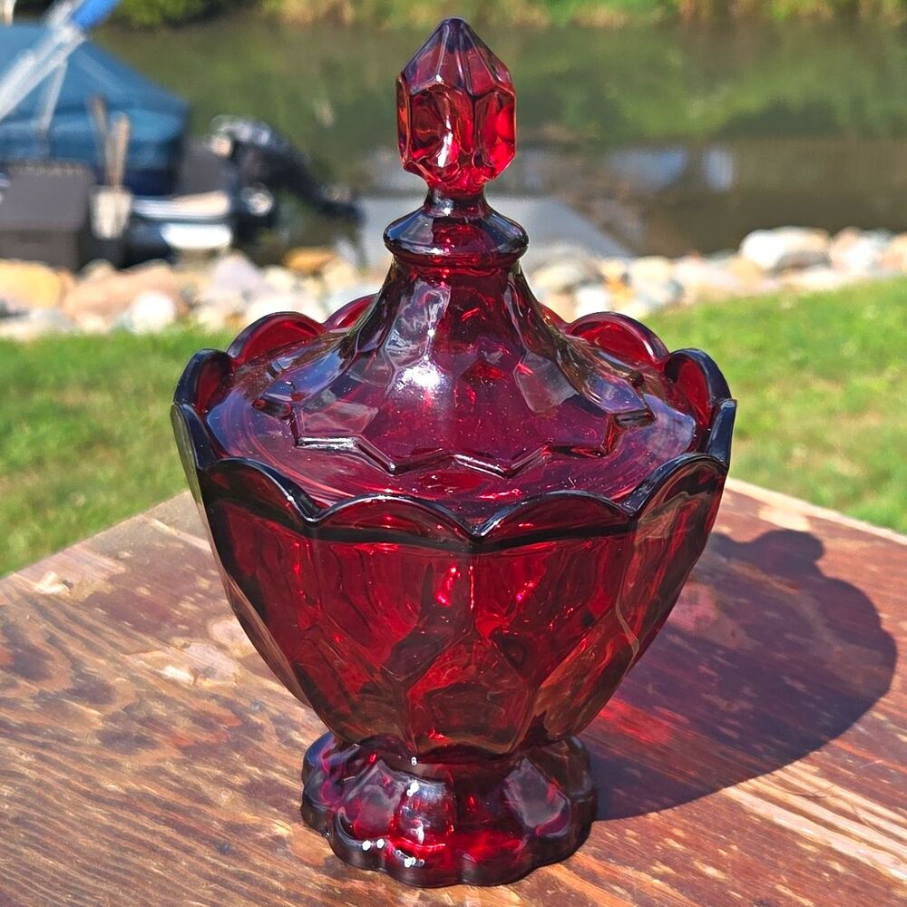 Vintage Red Glass Covered Bowl w/ Lid | Decorative Two-Piece Set